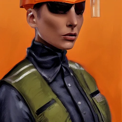 Image similar to character concept art of heroic stoic emotionless butch blond handsome woman engineer with very short slicked - back butch hair, narrow eyes, wearing atompunk jumpsuit, orange safety vest, retrofuture, highly detailed, science fiction, illustration, oil painting, realistic, lifelike, pulp sci fi, cinematic