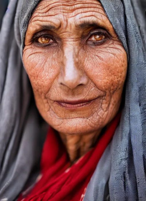 Image similar to Mid-shot portrait of a beautiful 60-year-old woman from Morocco, wearing traditional clothes, candid street portrait in the style of Martin Schoeller detailed, award winning, Sony a7R