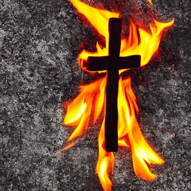Image similar to burning cross in rainbow colored fire, vintage