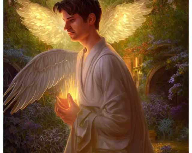 Prompt: a male!!! angel with wings made of leaves stands in front of a small beautiful cottage in a magical garden, a digital painting by thomas canty and thomas kincade and ross tran, art nouveau, atmospheric lighting, trending on artstation