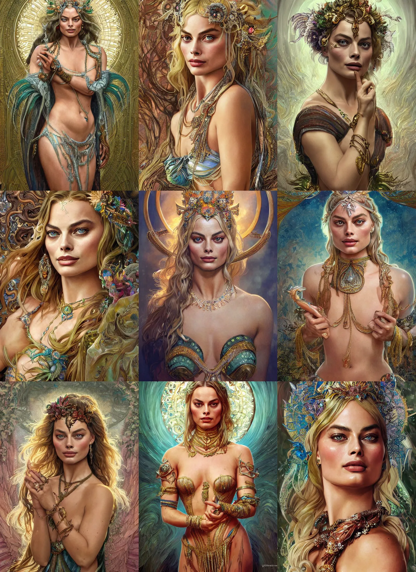 Prompt: Margot Robbie as a Brazilian Goddess, cute, fantasy, intricate, elegant, highly detailed, digital painting, 4k, HDR, concept art, detailed jewelry, smooth, sharp focus, head and waist potrait, art by Artgerm and H R Giger and Greg Rutkowski and Alphonse Mucha