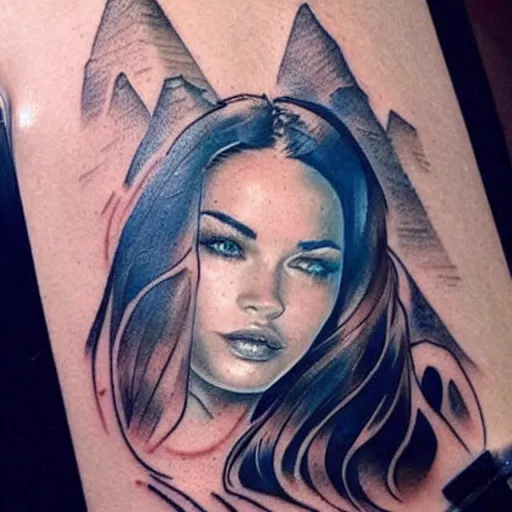 Prompt: tattoo design sketch with double exposure effect, megan fox face faded with beautiful mountain scenery, in the style of matteo pasqualin, amazing detail, pinterest tattoo