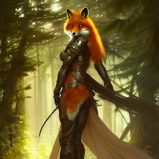 Image similar to photo of a humanoid female fox were a heroic dress an armour in the forest, long hair, highly detailed, digital painting, artstation, smooth, sharp focus, illustration, art by artgerm and greg rutkowski and alphonse mucha