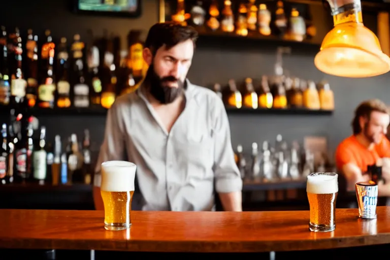 Prompt: a anthropomorphic pint of beer, customer, waits to be served by the bartender