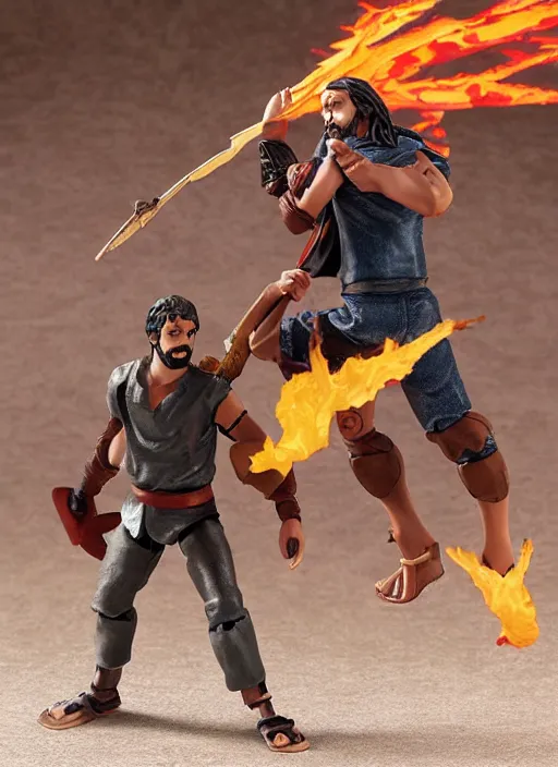 Image similar to Jesus vs the Devil in the flying sandals of salvation action figures toy pack