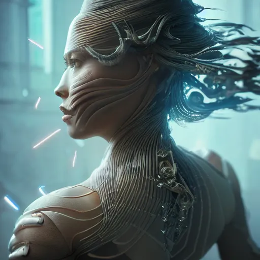 Prompt: beautiful wraithen biomechanical incredible technological hair, masterpiece crystalline incrustations, hyper - detailed face, elegant pose, movie still, intricate, octane render, cinematic lighting, cgsociety, unreal engine,