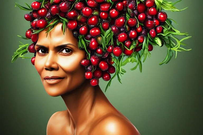 Prompt: ultra detailed two halle berry made of berries on a tree rendered by octane digital painting inspired by arcimboldo