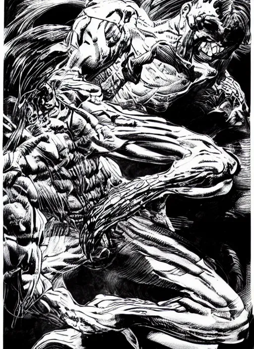 Prompt: man, black white ink art, comic art, high detail, bernie wrightson art, jimlee, petruk, gareng