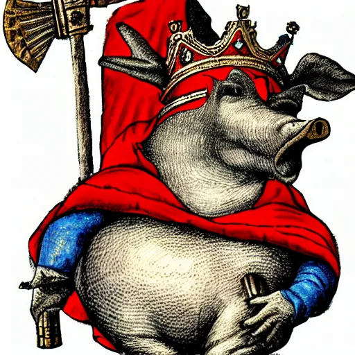 Image similar to a humanoid pig in red king robes wearing a crown holding a blue axe