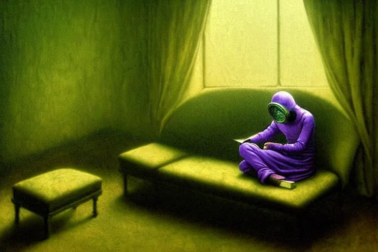 Image similar to girl with wearing a gas mask lying on the sofa reading a book in her room, in the style of beksinski, peaceful, calm, atmospheric, intricate and epic composition, green by caravaggio, insanely quality, highly detailed, masterpiece, purple light, artstation, 4 k