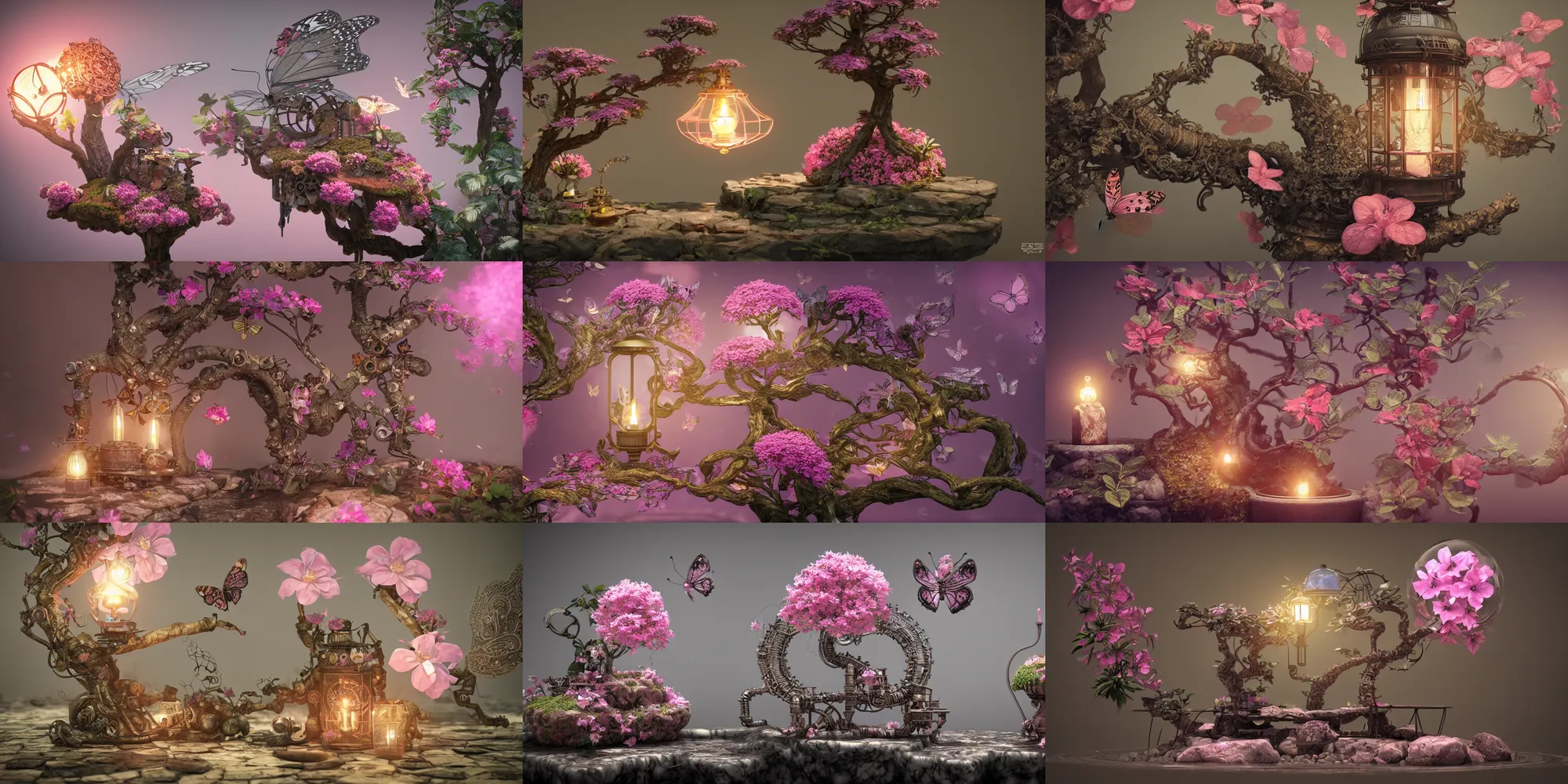 Prompt: steampunk butterfly, pink bonsai tree, marble, flower garden, intricate detail, hyper detailed, ultra realistic, sharp focus, octane render, lantern candle, butterfly, volumetric, ray tracing, artstation trending, cgsociety, sense of awe, swirling mist, 4 k