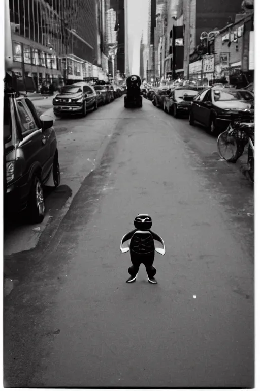 Image similar to photo polaroid of a ninja turtle in the middle of a New York street, loneliness, war, black and white ,photorealistic, 35mm film,