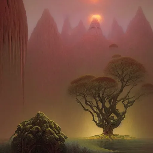 Image similar to enchanted temple landscape in the style of riven and myst by beksinski and rhads vivid color, highly detailed, mystical, digital painting, artstation, concept art, matte, sharp focus.