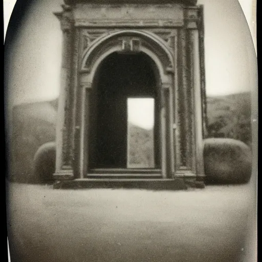 Image similar to old polaroid of a realistic gateway to another dimension, black and white, pictorialism