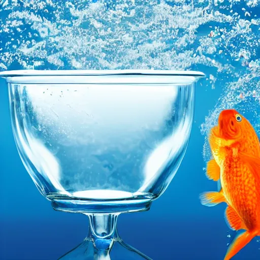 Image similar to stock photo of goldfish jumping to freedom out if fish bowl to another aquarium with clear water against blue background