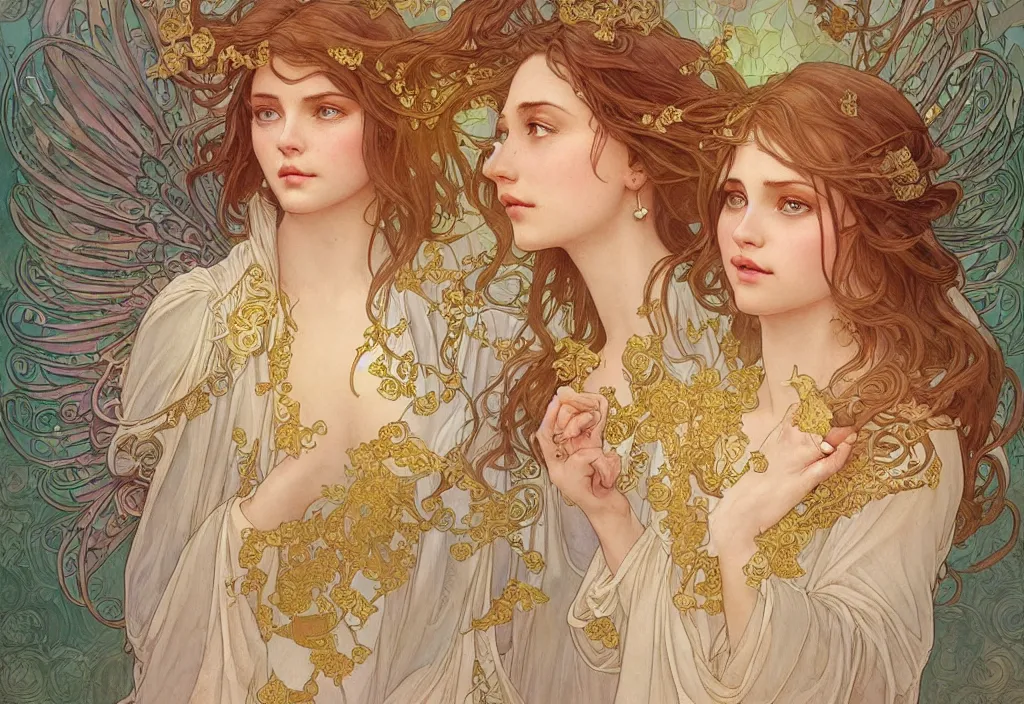 Image similar to an angel, highly detailed, very intricate, art nouveau, gold filigree, romantic storybook fantasy, soft cinematic lighting, award - winning, disney concept art watercolor illustration by mandy jurgens and alphonse mucha and alena aenami, pastel color palette, featured on artstation