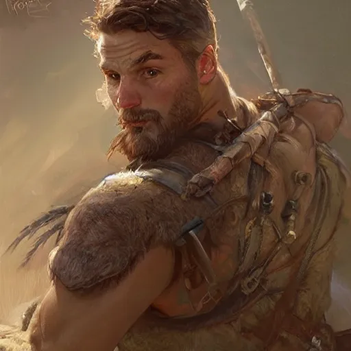 Image similar to portrait of a young rugged ranger, muscular, upper body, hairy torso, D&D, fantasy, intricate, cinematic lighting, highly detailed, digital painting, artstation, concept art, smooth, sharp focus, illustration, art by Artgerm and Greg Rutkowski and Alphonse Mucha