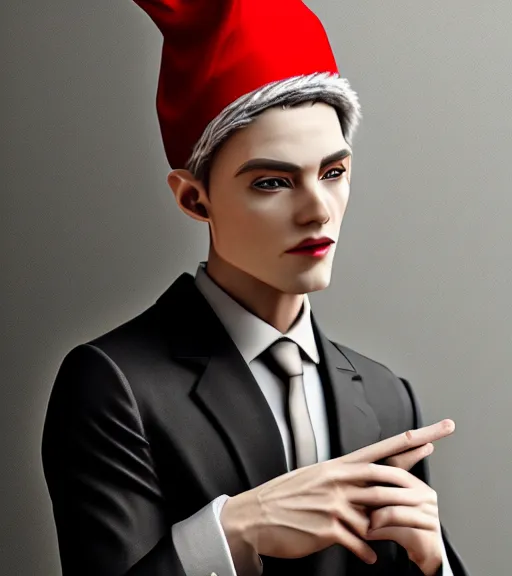 Image similar to an elf in a suit, gatsby hat, detailed portrait, detailed face, perfect lighting hd, 4 k, realistic, photorealistic, octane render