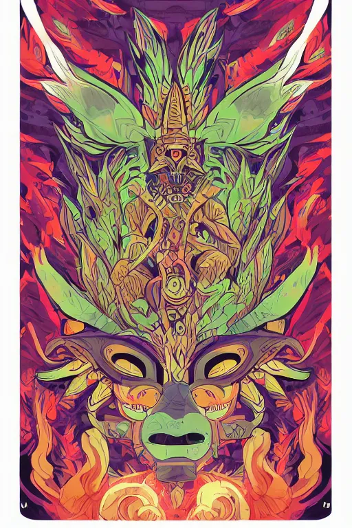 Image similar to animal mask totem roots flower tribal feather gemstone plant wood rock shaman vodoo video game vector cutout illustration vivid multicolor borderlands comics by josan gonzales and dan mumford radiating a glowing aura