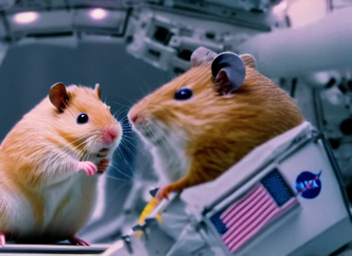 Image similar to film still of a hamster working for mission control at nasa, 8 k