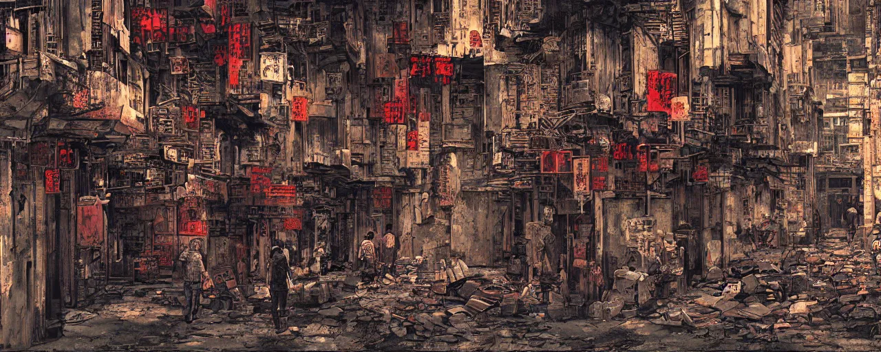 Image similar to digital painting, speedpainting, wideangle view of an alley in kowloon walled city, dirty, decaying, evening, cinestill, art by syd mead