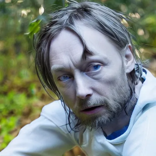 Image similar to thom yorke singer songwriter in a forest in a spacesuit filling up with water, waterline refractions, anamorphic lens flare, beautiful blueish eyes, eyes reflecting into eyes reflecting into infinity, spherical tiny round eye pupils, eyes reflecting into eyes reflecting into infinity, dramatic lighting