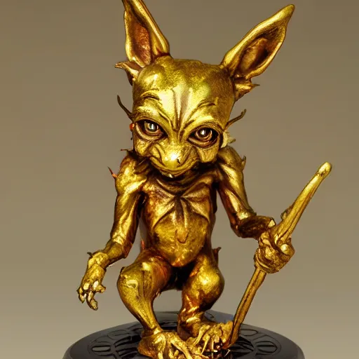 Image similar to a cute Lucky Golden Goblin statue, bright art masterpiece artstation. hyper details, golden smooth material, sculpted by Alex Alice, Craig Mullins, yoji shinkawa, trending on artstation, beautifully lit, Peter mohrbacher, hyper detailed, insane details, intricate, elite, elegant, luxury, glittering light, CGsociety, hypermaximalist, golden ratio, treasure background, volumetric, octane render, weta digital, micro details, 3d sculpture