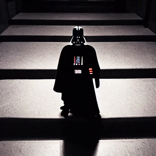 Image similar to darth vader is walking up the front walk of a chicago bungalow at night, menacing mood, dark lighting