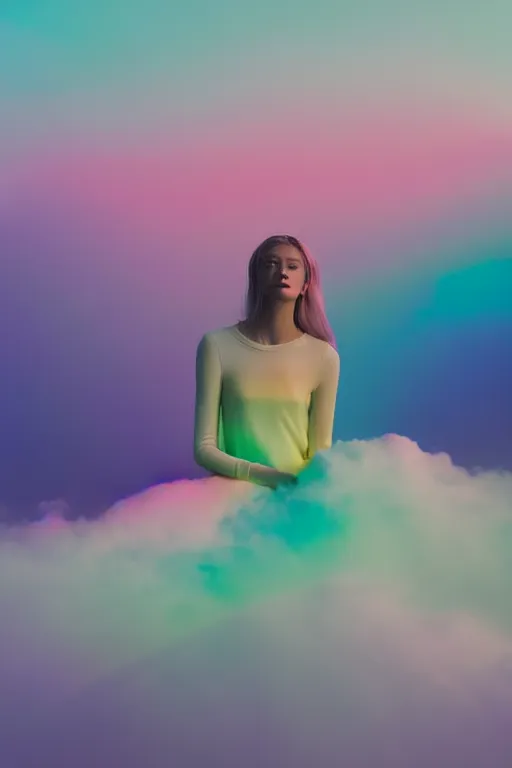 Image similar to high quality pastel coloured film photograph of a model wearing clothing resting on cloud furniture in a nordic black rock environment in a partially haze filled dreamstate world. three point light, rainbow. photographic production. art directed. pastel colours. volumetric clouds. pastel gradient overlay. waves glitch artefacts. 8 k. filmic.