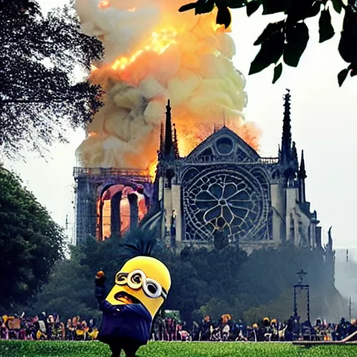 Image similar to “minions laughing as the Notre dame burns behind them”