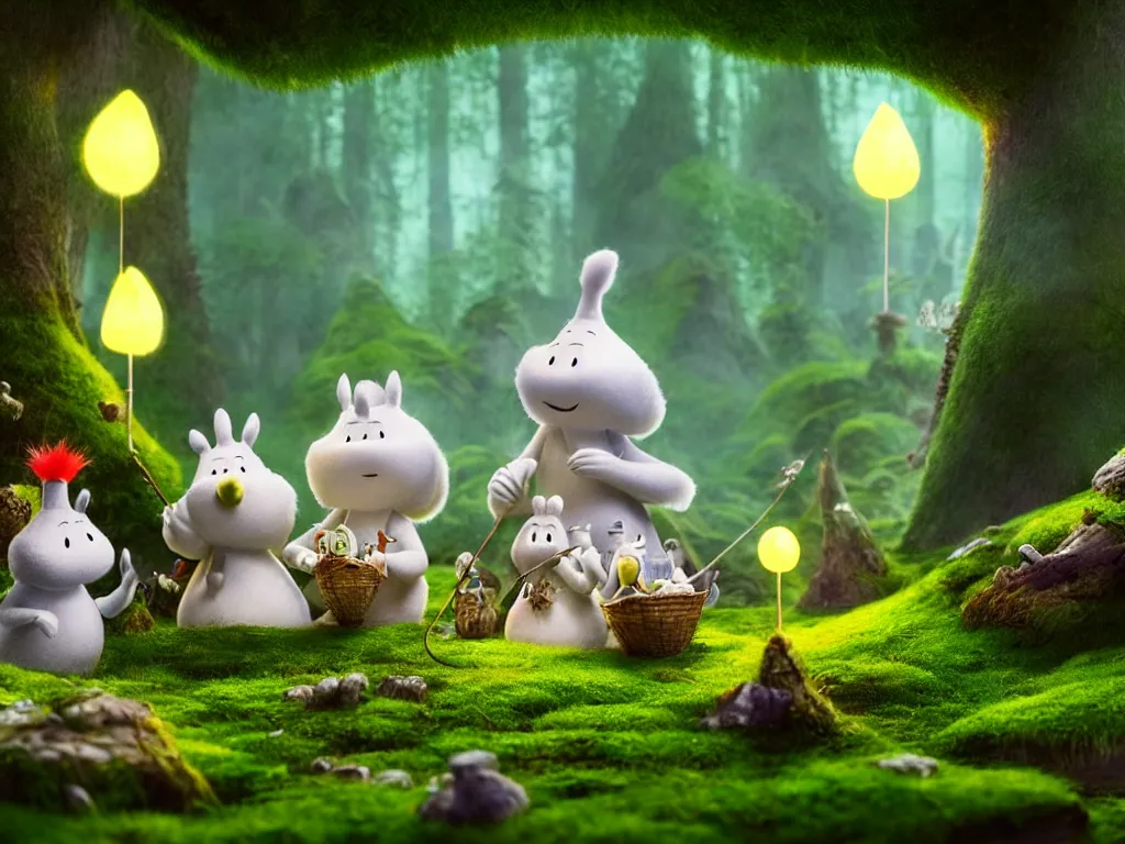 Prompt: the moomins wearing fluffy knight armor discovering the enchanted forest full of magic trees, giant mushrooms and moss and many fairies glowing in the dark, photorealistic painting, cgi, low volumetric light, movie still, very cute and cozy and fluffy and sweet