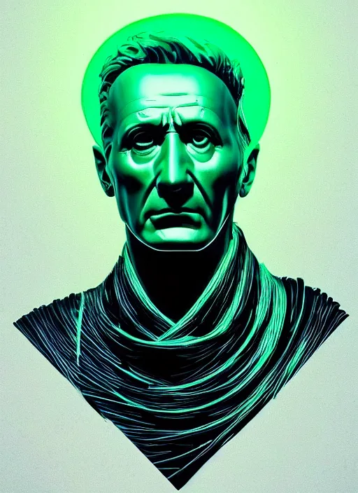 Image similar to portrait of julius caesar with a stoic look, beeple, vaporwave, retrowave, black background, neon, black, glitch, strong contrast, neon wiring, cuts, pinterest, trending on artstation