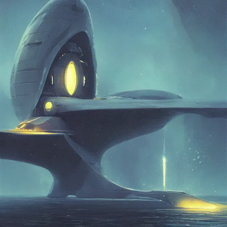 Image similar to nautilus spaceship dripping wet rising from the ocean, sci - fi concept art, by john harris, by simon stalenhag, by vincent di fate, stunning, award winning