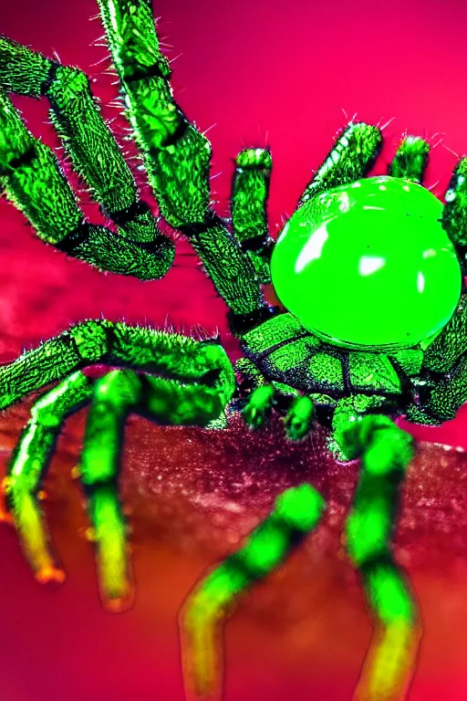 Image similar to high quality macro photo gelatinous spiders! gorgeous highly detailed hannah yata elson peter cinematic neon green lighting high quality low angle hd 8k sharp shallow depth of field