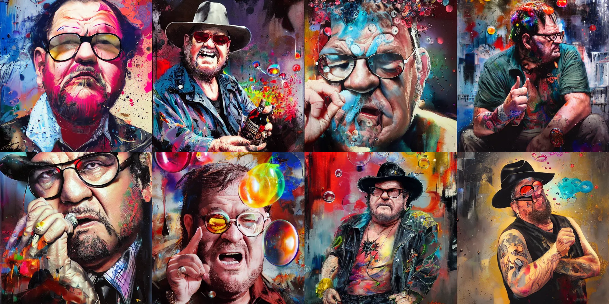 Prompt: drunk angry jim ross sitting ringside, ( hallucinating colorful soap bubbles ), by jeremy mann, by sandra chevrier, by dave mckean and richard avedon and maciej kuciara, 8 0's, punk rock, high detailed, 8 k