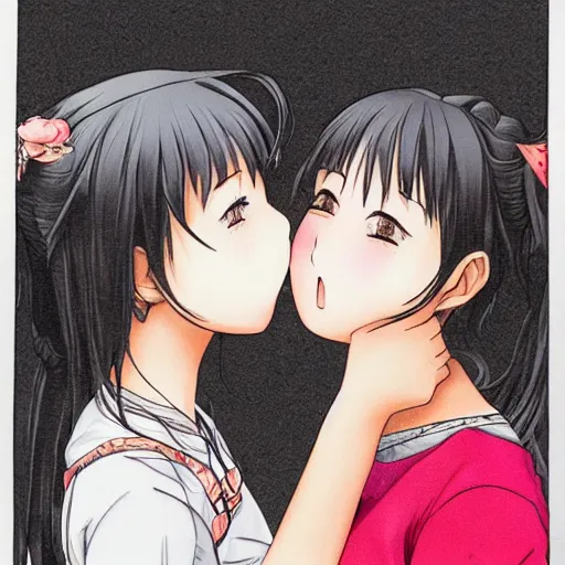 Image similar to portrait of two girls kissing, detailed manga art