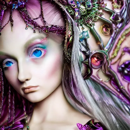 Image similar to Ethereal, mysterious stunning maximalist mesmerizing girl from the rainbow sky paradise, high-tech, professional high fashion model photo shoot for Victorian gothic lolita fashion, hyperdetailed by Mark Ryden and artgerm and Hiroyuki-Mitsume Takahashi, close-up 35mm macro shot, hyperrealism, 8k resolution 3D, cinematic, dynamic lighting, octane render, unreal engine 5