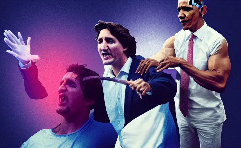 Prompt: Justin Trudeau getting smacked by a giant bodybuilder Obama, By Beeple