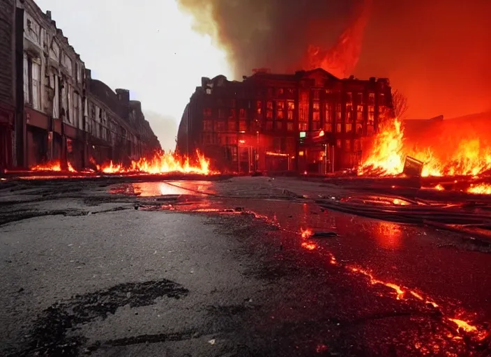 Prompt: dirty, dark, streets of London, huge fires flaming through the streets, blood red colored sky, apocalpyse, debris on the floor