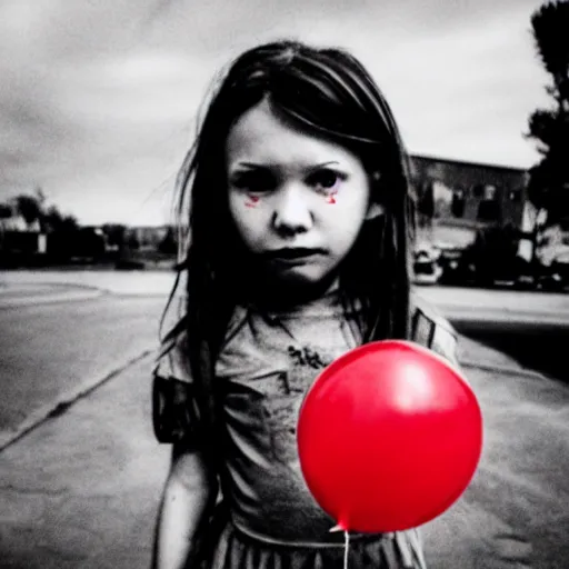 Image similar to dystopian grunge disposable camera photo of a possessed little girl holding a red balloon | horror | nightmare