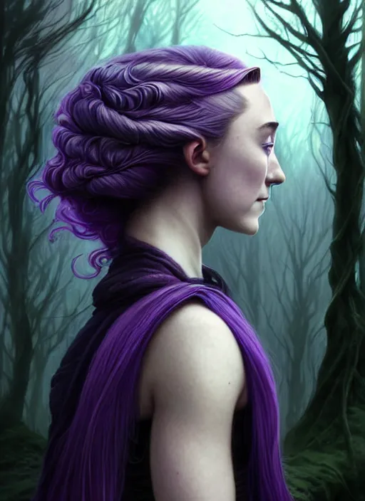 Image similar to side portrait Saoirse Ronan as dark witch, adventurer outfit large cloak, fantasy forest landscape, dragon scales, fantasy magic, undercut hairstyle, short purple black fade hair, dark light night, intricate, elegant, sharp focus, illustration, highly detailed, digital painting, concept art, matte, art by WLOP and Artgerm and Greg Rutkowski and Alphonse Mucha, masterpiece