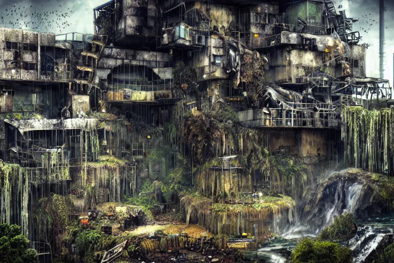 Prompt: gothic waterfall favela honeybee hive, brutalist environment, industrial factory, apocalyptic, somber, award winning art, epic dreamlike fantasy landscape, ultra realistic,