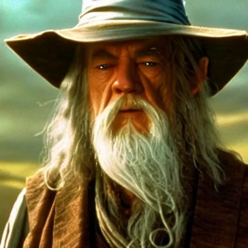 Prompt: Gandalf wearing a cowboy hat. Movie still from lord of the rings the fellowship of the ring