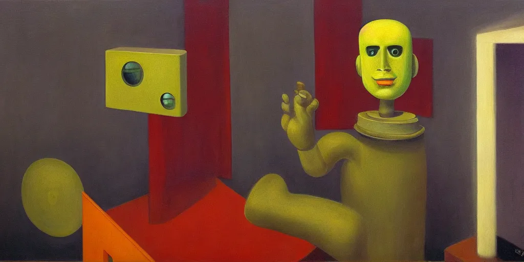 Prompt: robot portrait, visage, expressive, grant wood, pj crook, edward hopper, oil on canvas