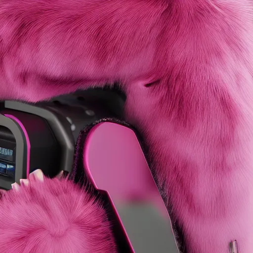 Image similar to extremly detailed micrphone made of pink fluffy fur, photorealistic, high details, 8 k, sharp focus, octane render, volumetric light