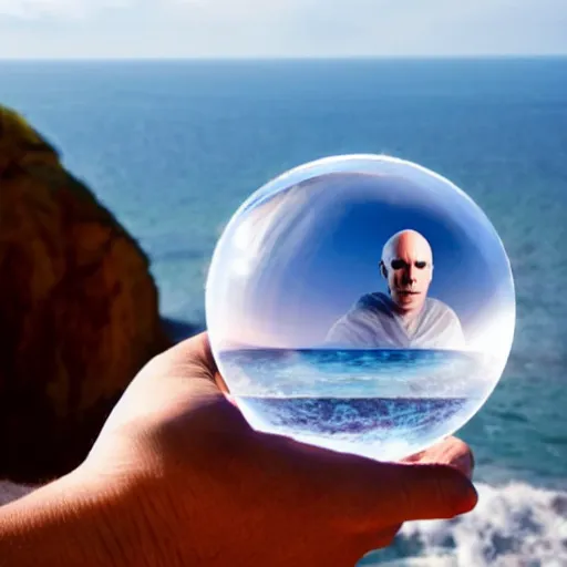 Image similar to a floating crystal ball full of lord voldemort. above an ocean view.