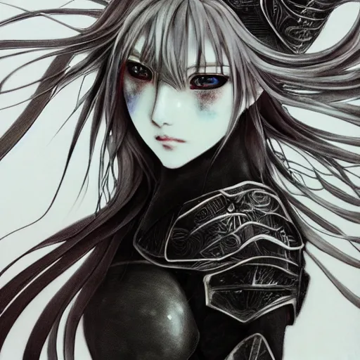 Image similar to Yoshitaka Amano blurred and dreamy illustration of an anime girl with wavy white hair and cracks on her face wearing Elden ring armour with the cape fluttering in the wind, abstract black and white patterns on the background, noisy film grain effect, highly detailed, Renaissance oil painting, weird portrait angle