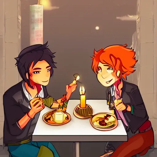 Prompt: Jett and and Phoenix from video game Valorant having candle light dinner, near street, in open sky, detailed, animated