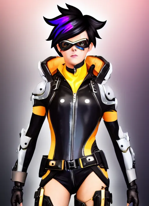 Image similar to full body digital artwork of tracer overwatch, wearing black iridescent rainbow latex, 4 k, expressive happy smug expression, makeup, in style of mark arian, wearing detailed black leather collar, wearing sleek armor, black leather harness, detailed face and eyes,