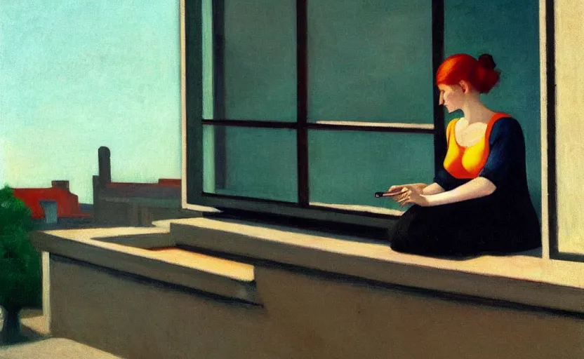 Prompt: a young woman smoking a joint out of the window of a bauhaus building, in the style of edward hopper, sad, lonely